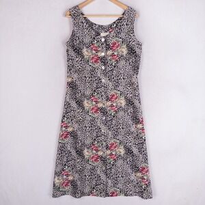 Voir Collection Womens Midi Dress Medium Multi Leopard Floral Button Front Vtg